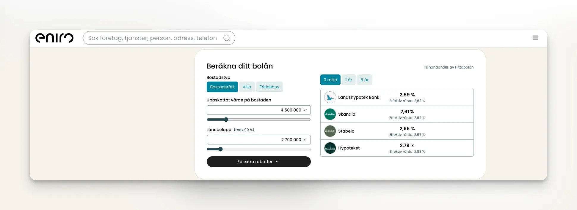 Eniro bolånekalkylator med räntor från svenska banker
